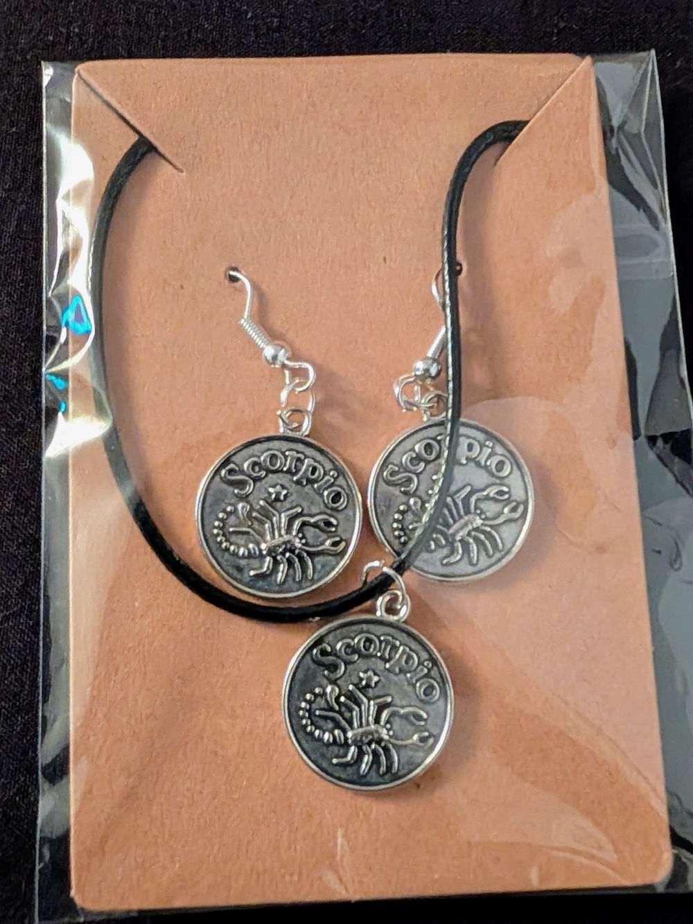 Hand Crafted Silver Scorpio Pendant Necklace & Earrings on Black Cord